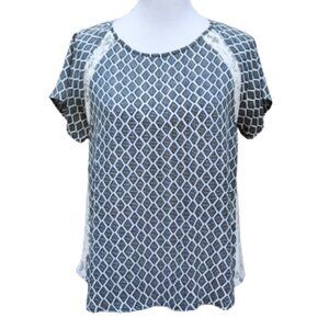 Collective Concepts Blue Geo-Print Blouse White Lace Trim Short Sleeves